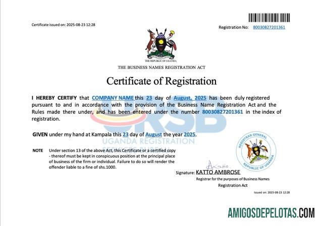 Modelo realista de certificado de registro de nome comercial de Uganda em Word e PDF